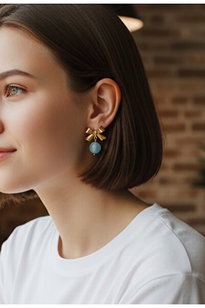 Home Aquamarine Stone Bow Steel Earrings