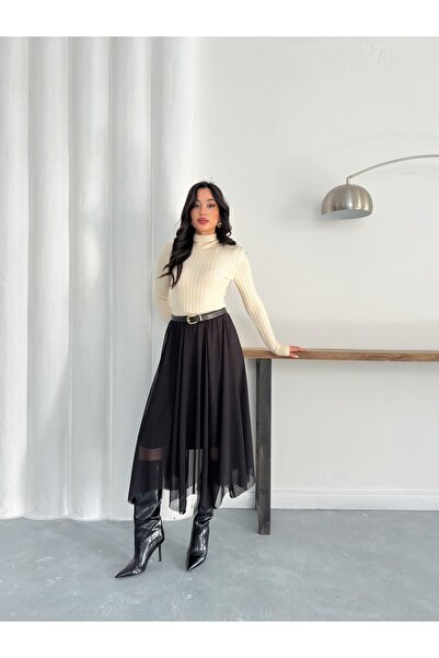 LE CARAMBOLE Women's Black Belt Detailed Asymmetrical Tulle Skirt