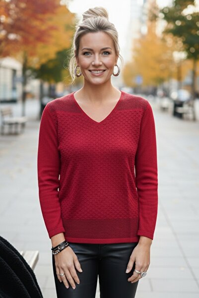 Chiccy Red V-Neck Long Sleeve Slim Casual Openwork Knitwear Sweater 65 60