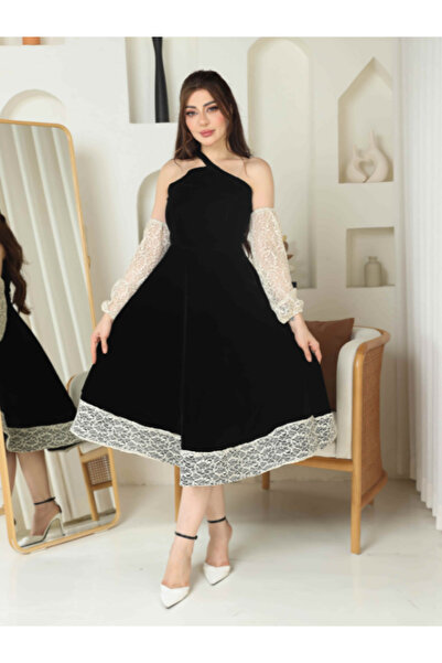 TREN Black Midi Dress with Lace Sleeves Halter Neck A-Line Cocktail Party For...