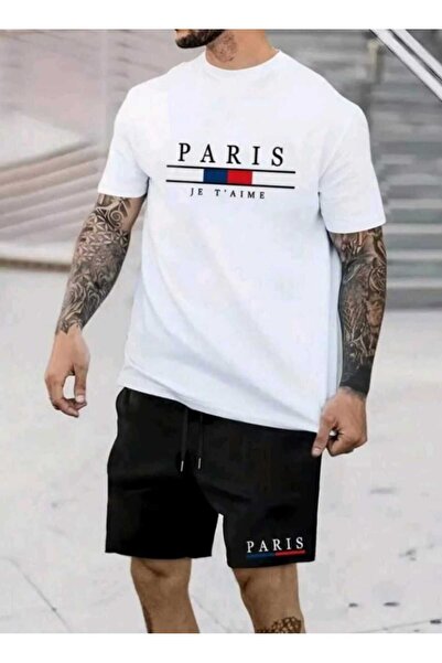 özcstore طقم تي شيرت وشورت مطبوع عليه 'باريس جيه تايم' للرجال/النساء