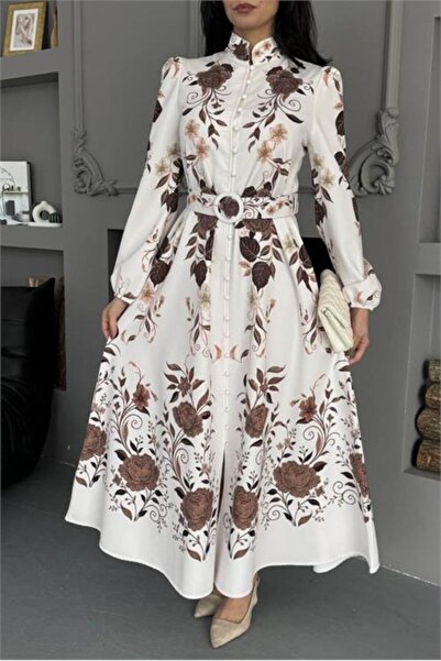 Neşeli Butik Women Ecru Big Flower Pattern Full Length Buttoned Imported Fabr...