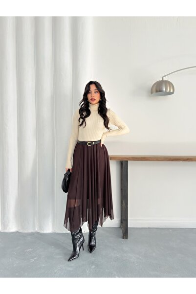 MODAMERSİ Women's Brown Belt Detailed Asymmetrical Tulle Skirt