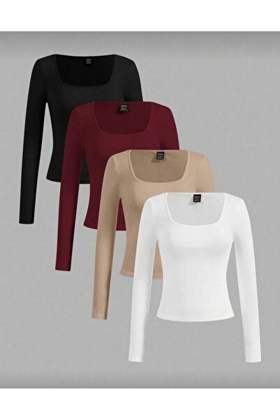 MİLYA&GYM Kadın 4'lü Paket Kaşkorke Fitilli Pamuklu Kare Yaka Uzun Kollu Vücu...
