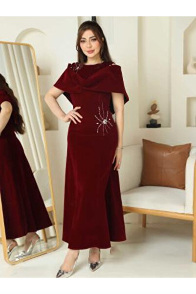 TREN Burgundy Velvet Maxi Dress with Embellished Details and Draped Collar fo...