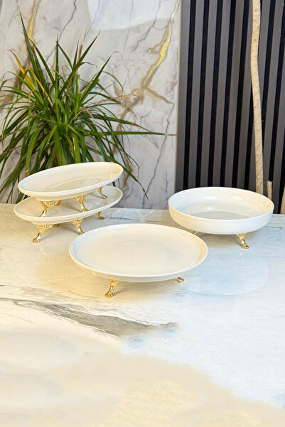 MAY HOME Porselen Sunum Seti &Metal Ayaklı Kase Kayık Tabak Servis Seti