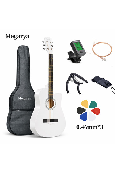 MegArya جيتار صوتي 38 بوصة | أبيض | طقم جيتار متكامل مع موالف، أوتار، كابو، ح...