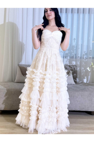 TREN Ivory Strapless Ball Gown with Beaded Bodice & Ruffled Tulle Skirt | Bri...