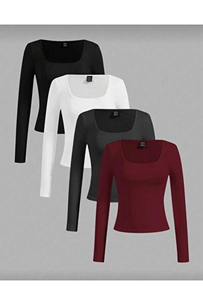 MİLYA&GYM Kadın 4'lü Paket Kaşkorke Fitilli Pamuklu Kare Yaka Uzun Kollu Vücu...