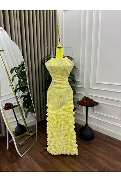 TREN Yellow Sequin Floral Gown 3D Rose Evening Dress Chiffon Shawl Formal Max...