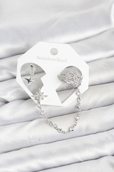 callerrons accessories Polar Star Model Brass Silver Color Chain Linked Ear C...