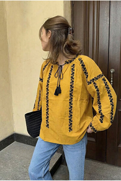FEMELLE Women's Mustard Oversized Balloon Sleeve Embroidered Wide Fit Cotton ...
