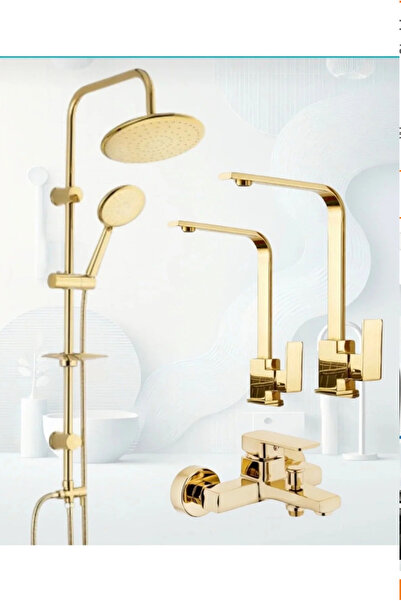 ELMİNA ARMATUR gold yuvarlak robot gold kare evye-lavabo-banyo bataryası 4’Lü...