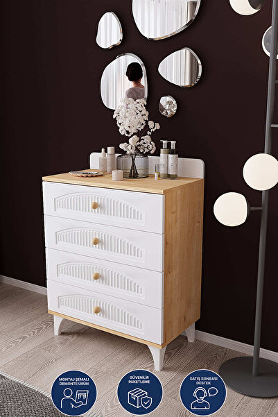 DEKORFİM DF11101 4 Çekmeceli Şifonyer – Geniş Depolama Alanlı, Modern Beyaz Ç...