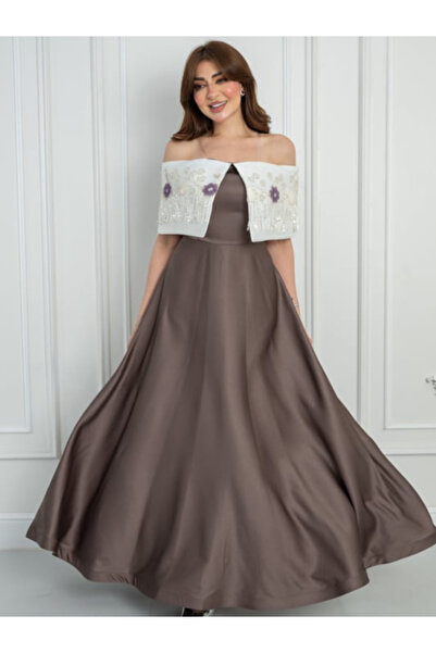 TREN Off-Shoulder Brown Evening Gown with Floral Embroidery - Elegant Long Ma...