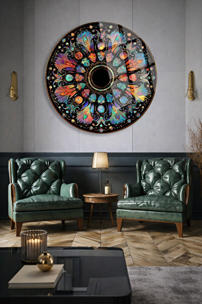 TAULART Black Background Mandala Round Unbreakable Glass Table Ultra Vibrant ...