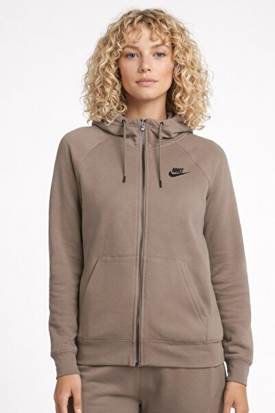 Nike Sportswear Essential Fleece Full Zip Hoodie Women Hooded Sweatshirt Brown