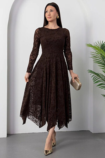 MOZENA Kayık Yaka Flok Baskılı Eteği Asimetrik Elbise