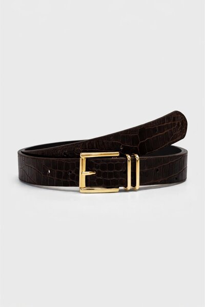 Mixray 0002 Women's Square Gold Buckle Faux Leather Belt Bitter Brown