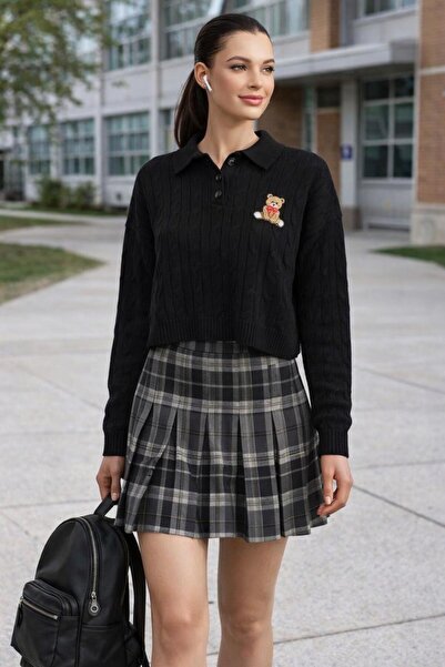 DAMGA Collection Women's Black Teddy Bear Patterned Knit Sweater