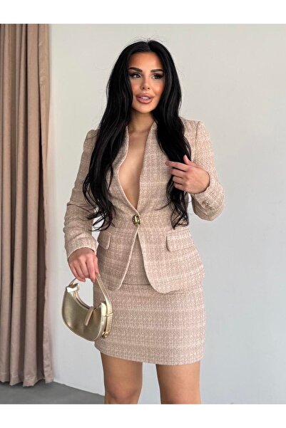 ZF BUTİK Kadın Gold Düğmeli Etekli Takım
