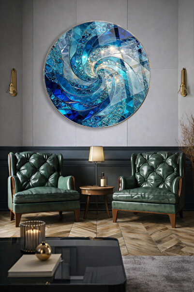 TAULART Blue Crystal Spiral Round Unbreakable Glass Tabletop Ultra Vivid Colo...