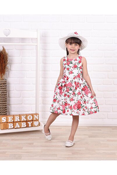 kidello Red Rosella Girl's Dress Rose Printed with Hat 1-6 Years Old Cotton L...