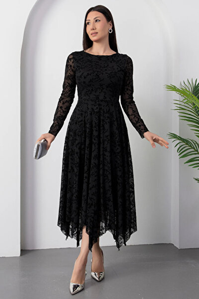 MOZENA Kayık Yaka Flok Baskılı Eteği Asimetrik Elbise