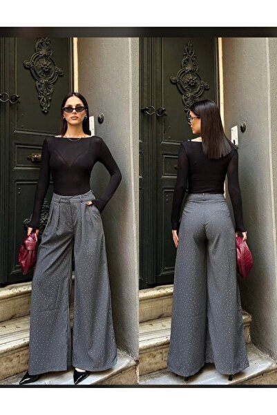 Butik Gri taşlı pantolon kemer yerli geniş paça 2 cepli kanca fermuar kapama