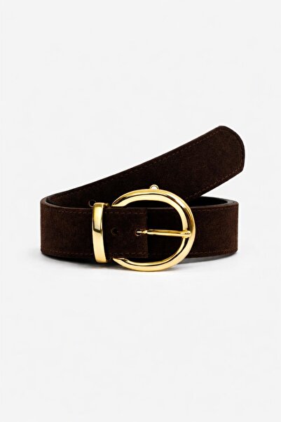Mixray 0001 Women's Round Gold Buckle Faux Suede Belt Bitter Brown