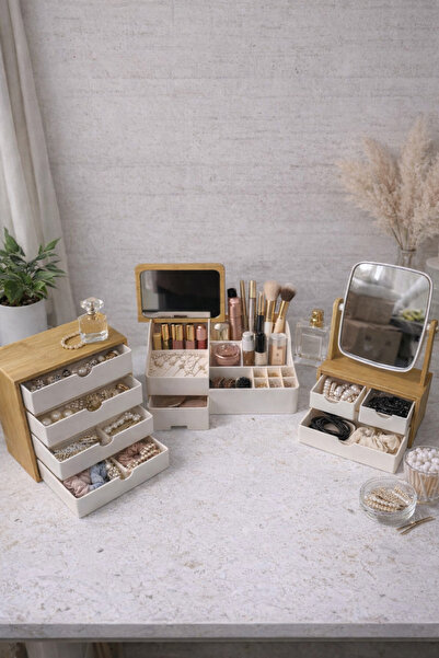 DrBambu 3’lü Çok Amaçlı Makyaj ve Takı Düzenleyici Seti – Aynalı, Çekmeceli O...