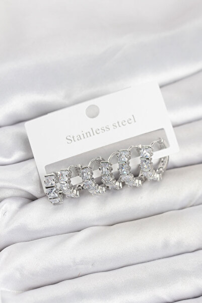 callerrons accessories Steel Silver Color Baguette Zircon Stone Hoop Earrings...