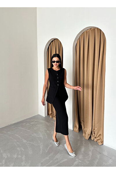 My Blog Black 100% Linen Slit Pen Skirt Vest Set - 8337