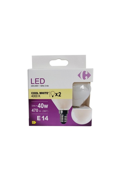 Carrefour Set 2 becuri LED Carrefour, E14, 40 W, 470 lm, 4000 K, Alb rece