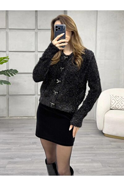 Coral Simli Angora Düğmeli Hırka 7676 Siyah
