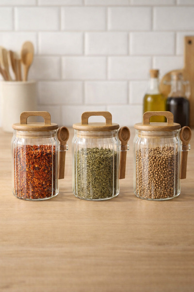 Kitchen Way Acacia Spoon and Seal Lid Line Patterned 650ml 3-Piece Jar Set Kw...