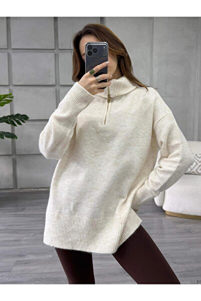 Coral Balon Kol Yarım Fermuarlı Kazak 75307 Vanilya