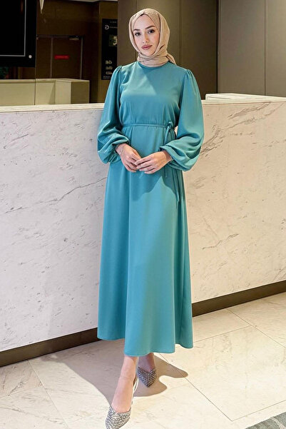 Tesettür Diyarı Satin Dress with Balloon Sleeve and Waist Tie Detail