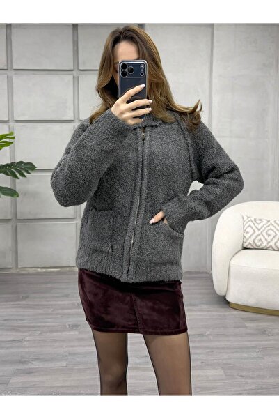 Coral Dik Yaka Fermuarlı Peluş Hırka 3184 Gri