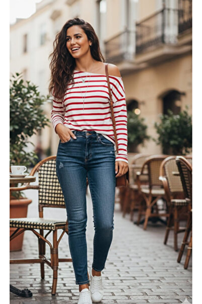 KİM Kİ O Women's Off-Shoulder Casual Striped Blouse