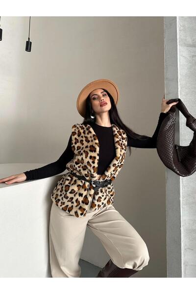 ribana Women's Transitional Brown Slim Fit t Lined Zero Sleeve Belted Leopard...