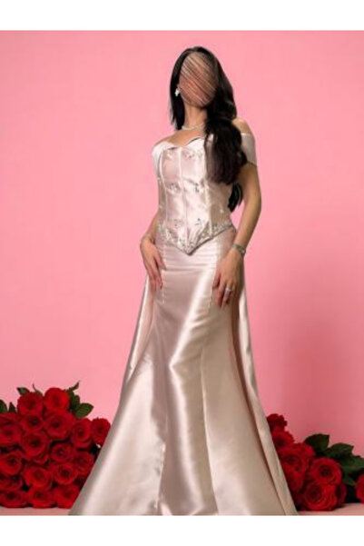 TREN Silver Satin Evening Gown Off Shoulder Beaded Corset Dress Formal Maxi W...