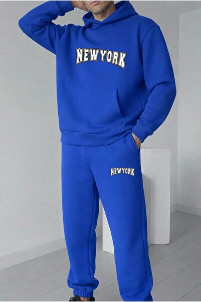 FUFLUNS طقم بدلة رياضية مطبوعة من نيويورك للجنسين للرجال/النساء بغطاء رأس مقا...