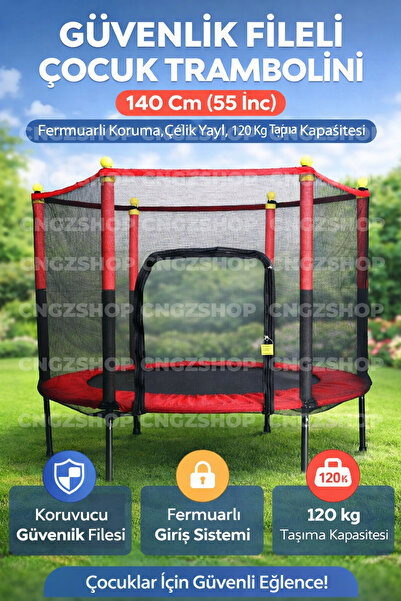 CNGZSHOP Güvenlik Fileli Çocuk Trambolini 140 Cm (55 İnç) | Fermuarlı Koruma,...