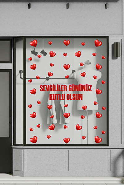 SDİGİTAL Sevgililer Günü Kalpli Cam Sticker Seti - Mağaza Vitrin Süslemesi
