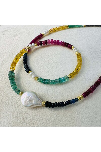 Dotamineral Yakut Zümrüt Safir ve Damla İnci Doğal Taş Kolye | Gümüş Klipsli