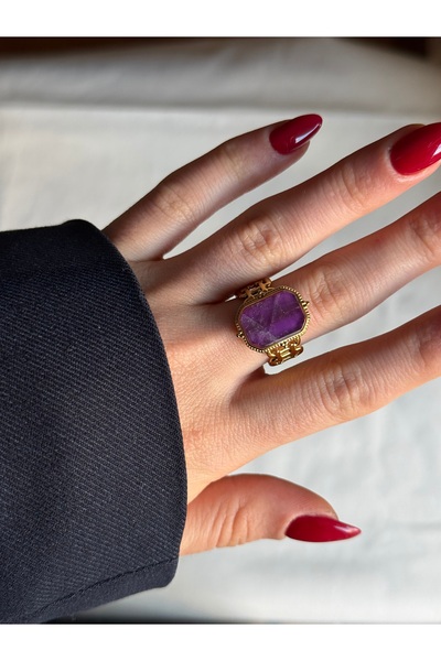 HOUSEKİ Altın Kaplama Doğal Mavi Taşlı Vintage Zincir Detaylı Yüzük