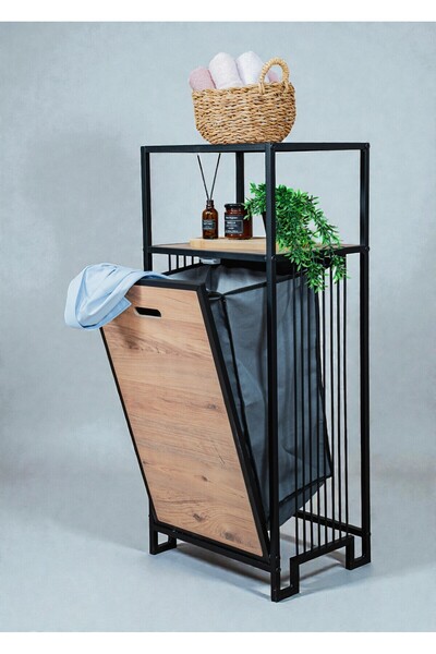 Bye Concept More DEKORATİF KİRLİ SEPETLİ BANYO DOLABI AHŞAP RAFLI METAL GÖVDE...