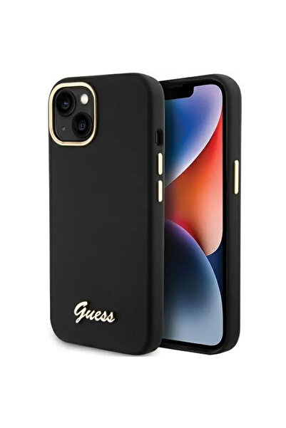 Guess Script Metal Logo & Frame silicone case for iPhone 15 – black