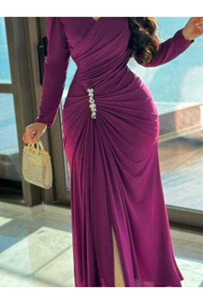 TREN Purple Wrap V-Neck Maxi Dress Long Sleeve Ruched Bodycon Evening Gown wi...